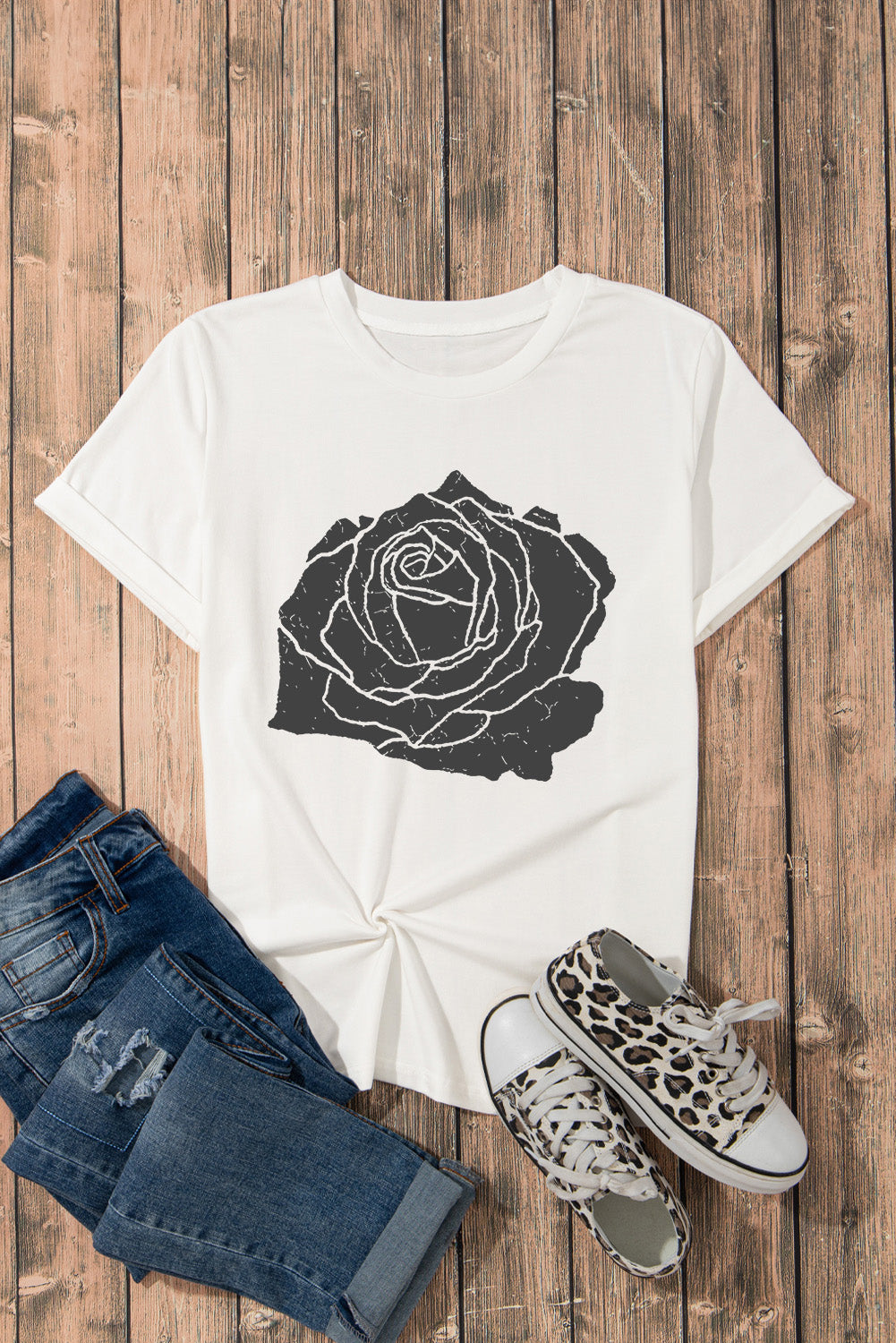 Rose Graphic Round Neck Short Sleeve T-Shirt-Jewearrings