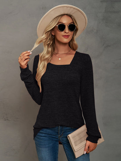 Heathered Square Neck Long Sleeve T-Shirt-Jewearrings