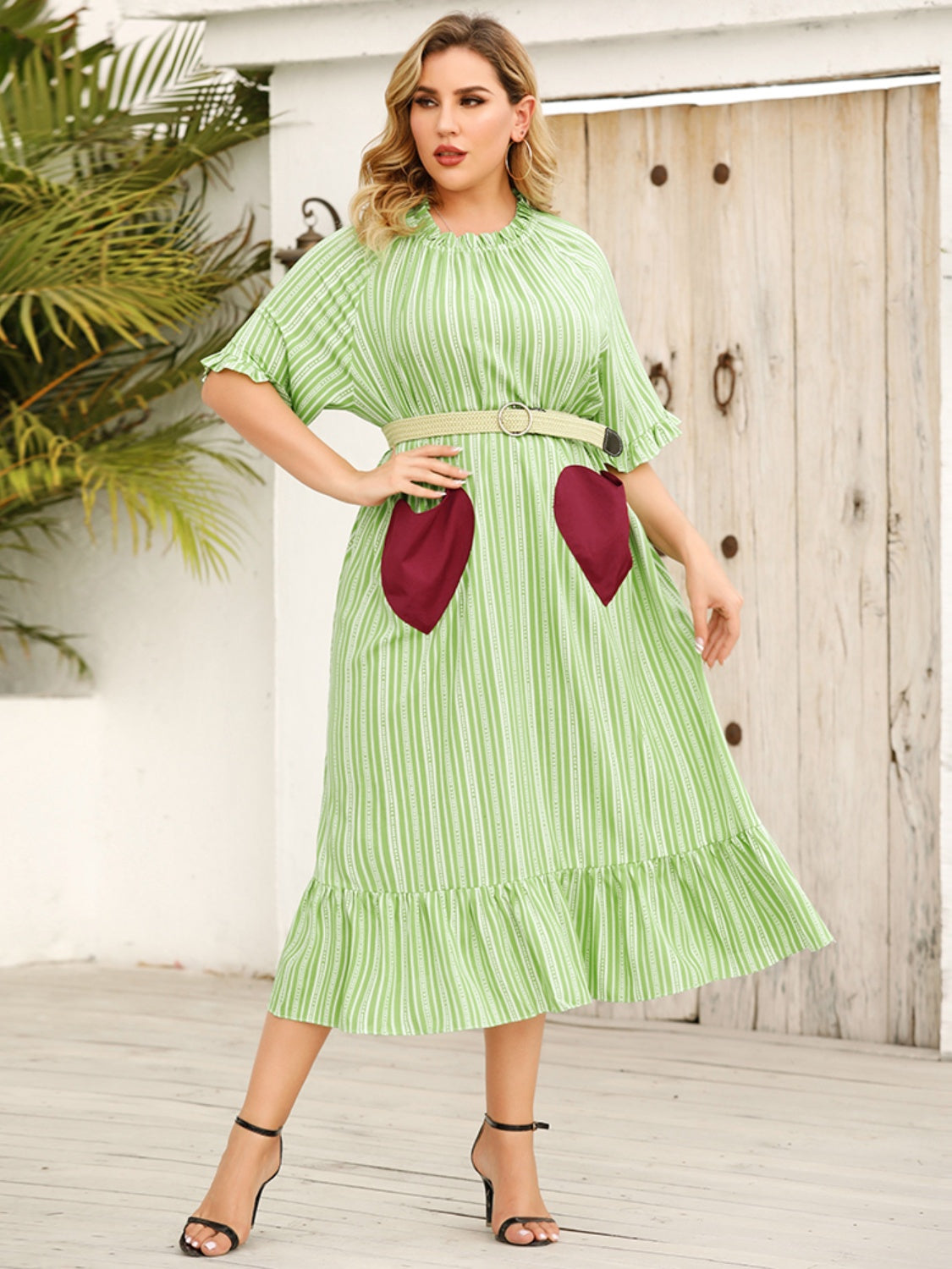 Plus Size Frill Heart Striped Half Sleeve Dress-Jewearrings