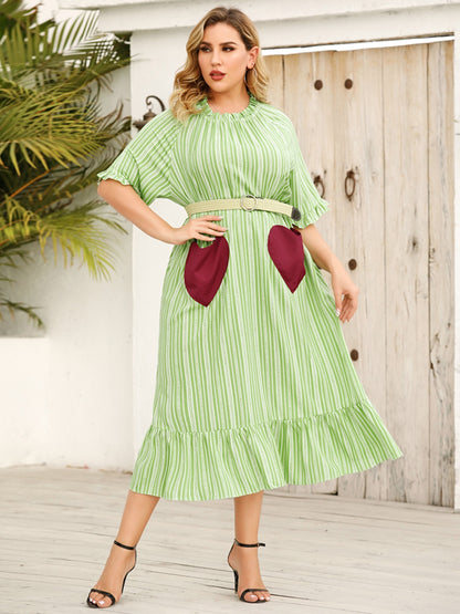 Plus Size Frill Heart Striped Half Sleeve Dress-Jewearrings