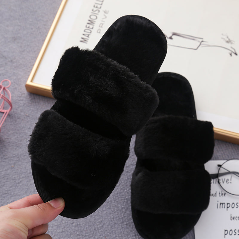 Faux Fur Double Strap Slippers-Jewearrings