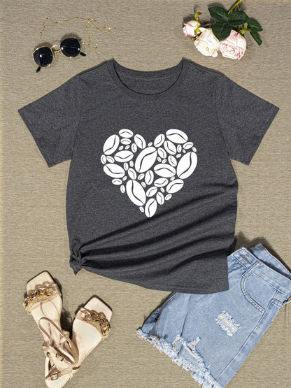 Heart Round Neck Short Sleeve T-Shirt-Jewearrings