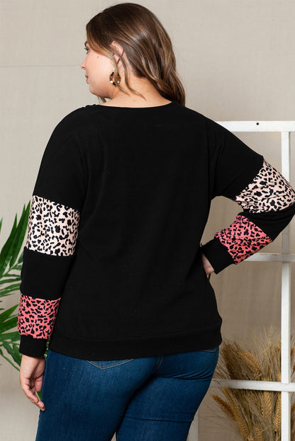 Plus Size Leopard Dropped Shoulder Long Sleeve T-Shirt-Jewearrings