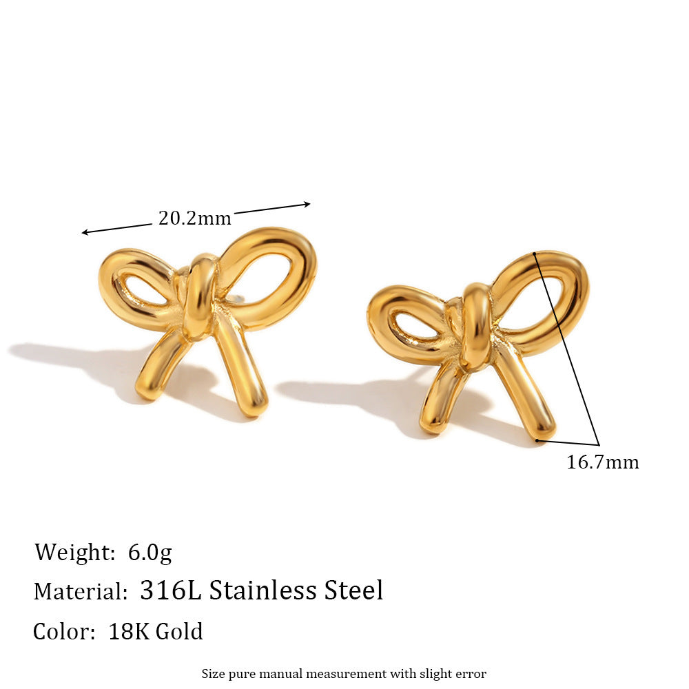 Stainless Steel 18K Gold Plating Cast Glossy Bow Stud Earrings-Jewearrings