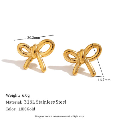 Stainless Steel 18K Gold Plating Cast Glossy Bow Stud Earrings-Jewearrings