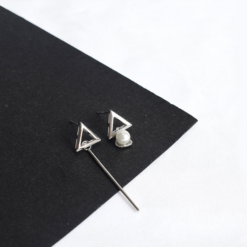 Ins Temperament Cold Wind Jewelry S925 Sterling Silver Pearl Triangle Asymmetric Earrings Earrings-Jewearrings