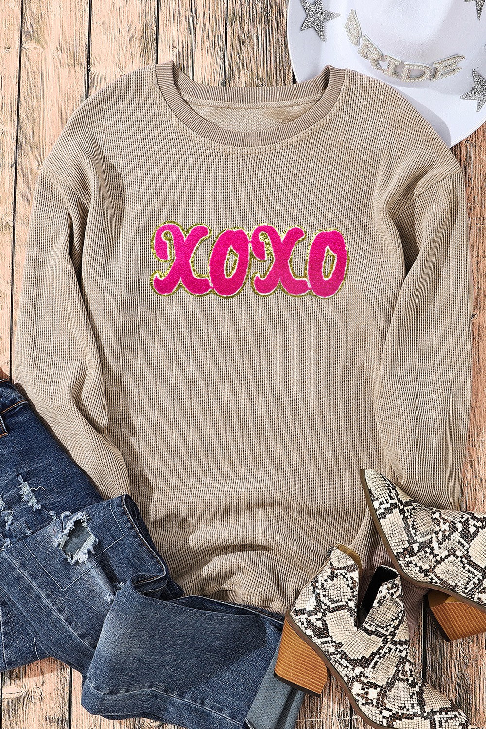 XOXO Sequin Round Neck Dropped Shoulder Sweatshirt-Jewearrings