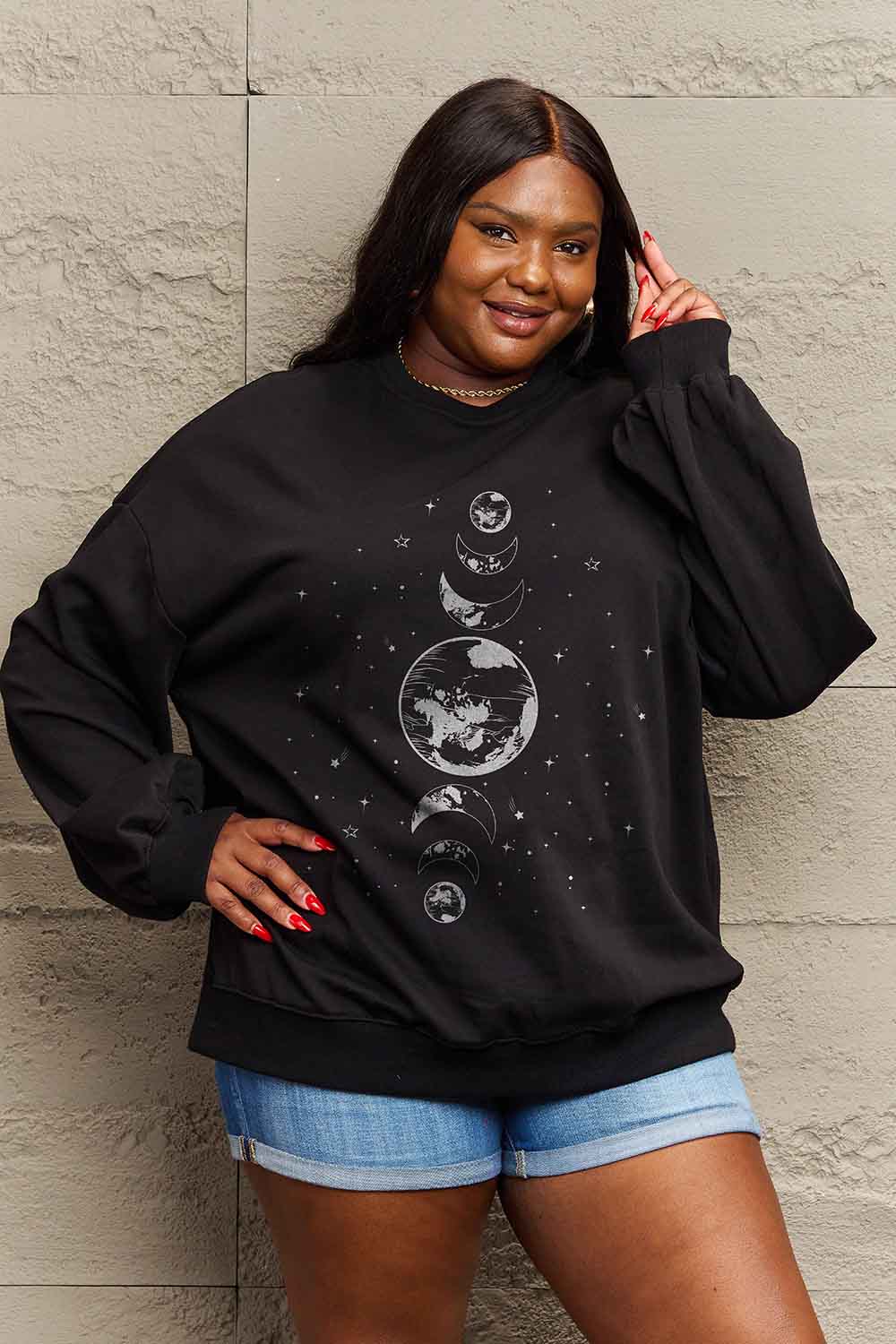 Simply Love Full Size Earth & Moon Graphic Sweatshirt-Jewearrings