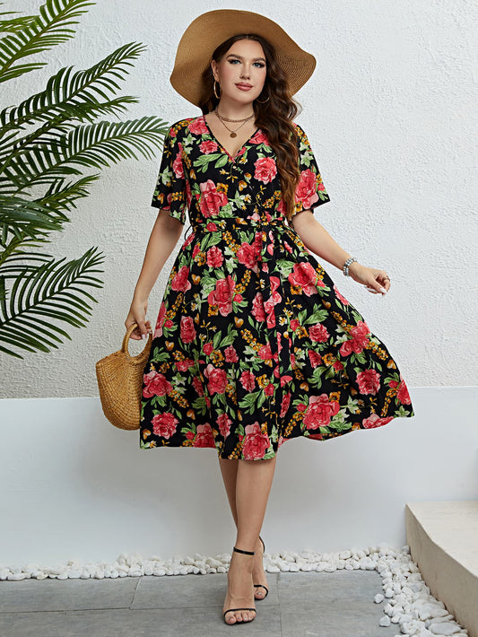 Plus Size Floral Tie Belt Surplice Dress-Jewearrings