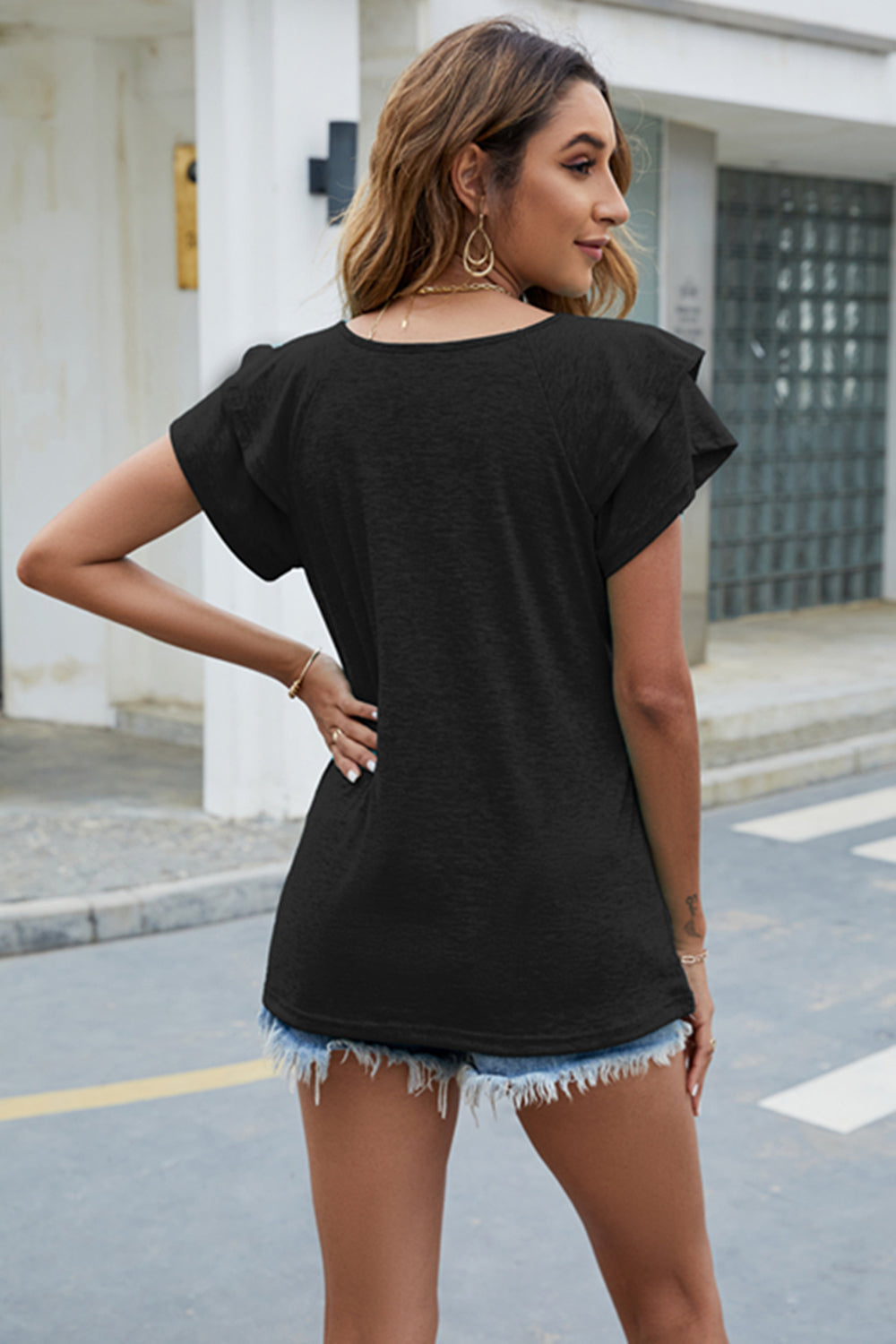 V-Neck Flutter Sleeve T-Shirt-Jewearrings