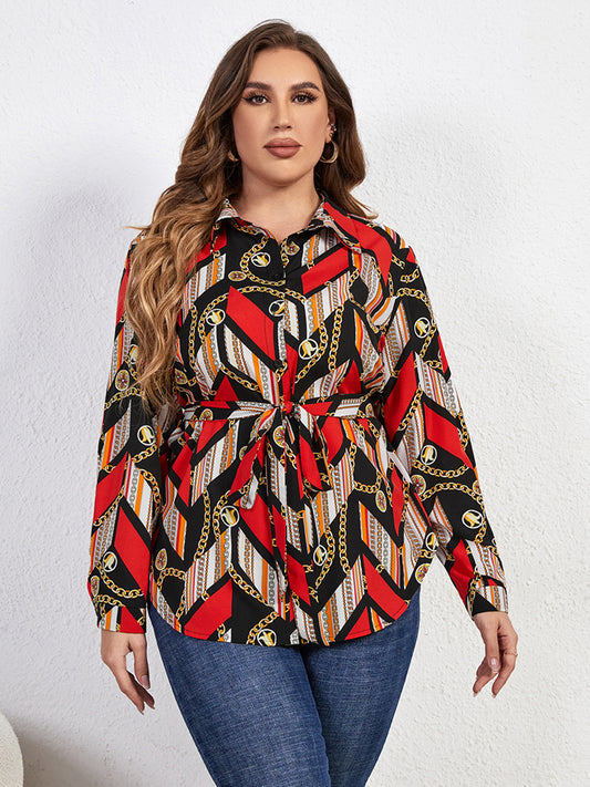 Plus Size Printed Collared Neck Tie Waist Long Sleeve Shirt-Jewearrings