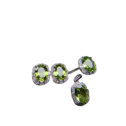 Natural Olivine Set 925 Silver Inlaid Rings Pendants Stud Earrings Three-piece Set-Jewearrings