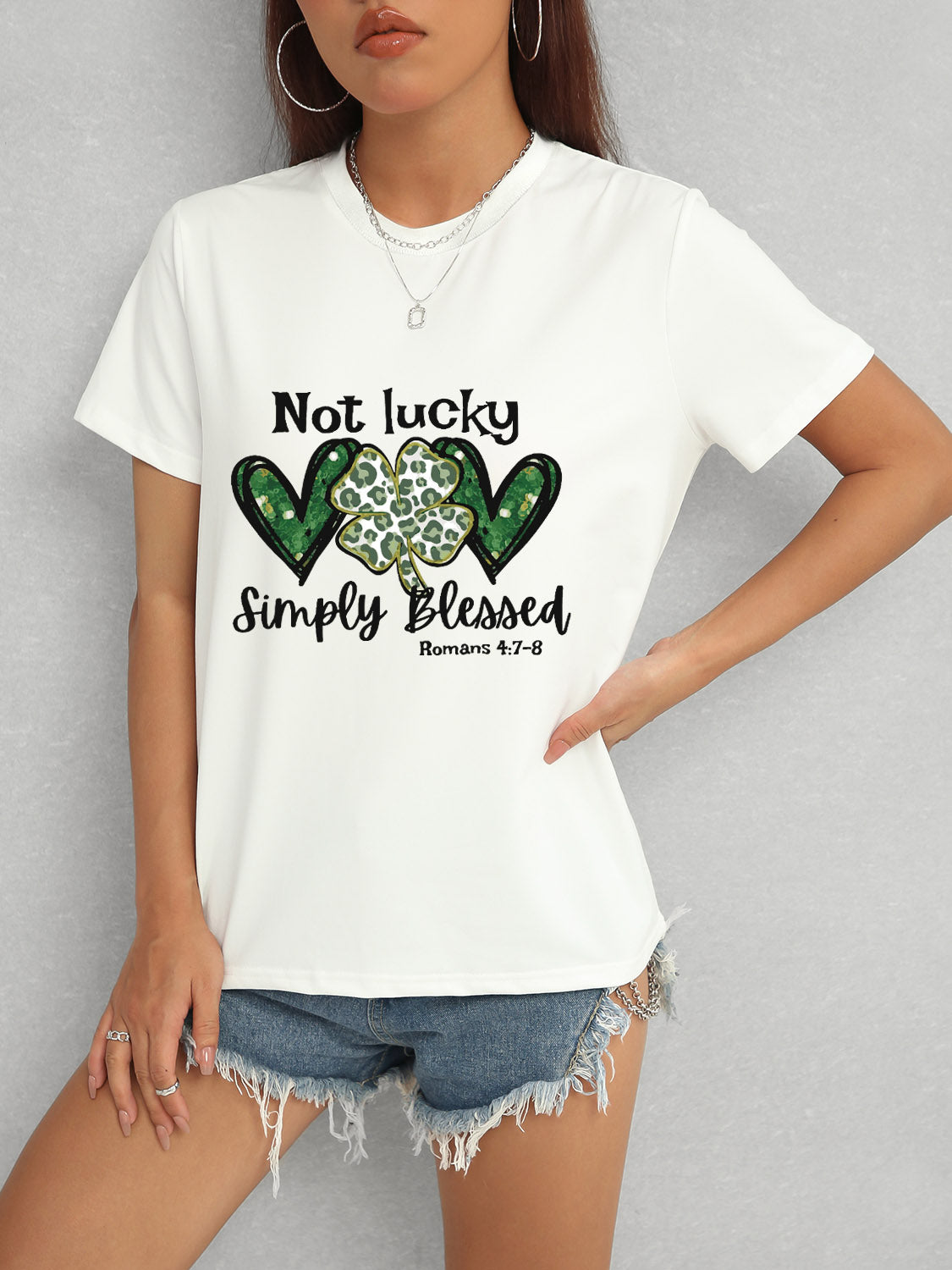 Lucky Clover Round Neck Short Sleeve T-Shirt-Jewearrings