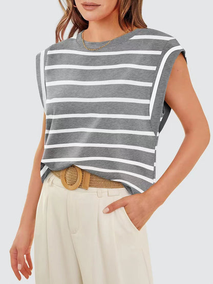 Striped Round Neck Cap Sleeve T-Shirt-Jewearrings