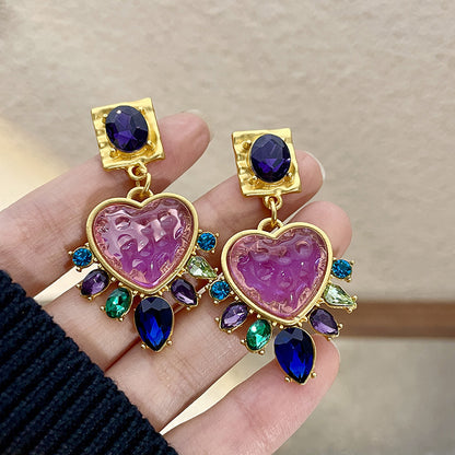 Vintage Heart-shaped Glass Stud Earrings Mixed Color-Jewearrings