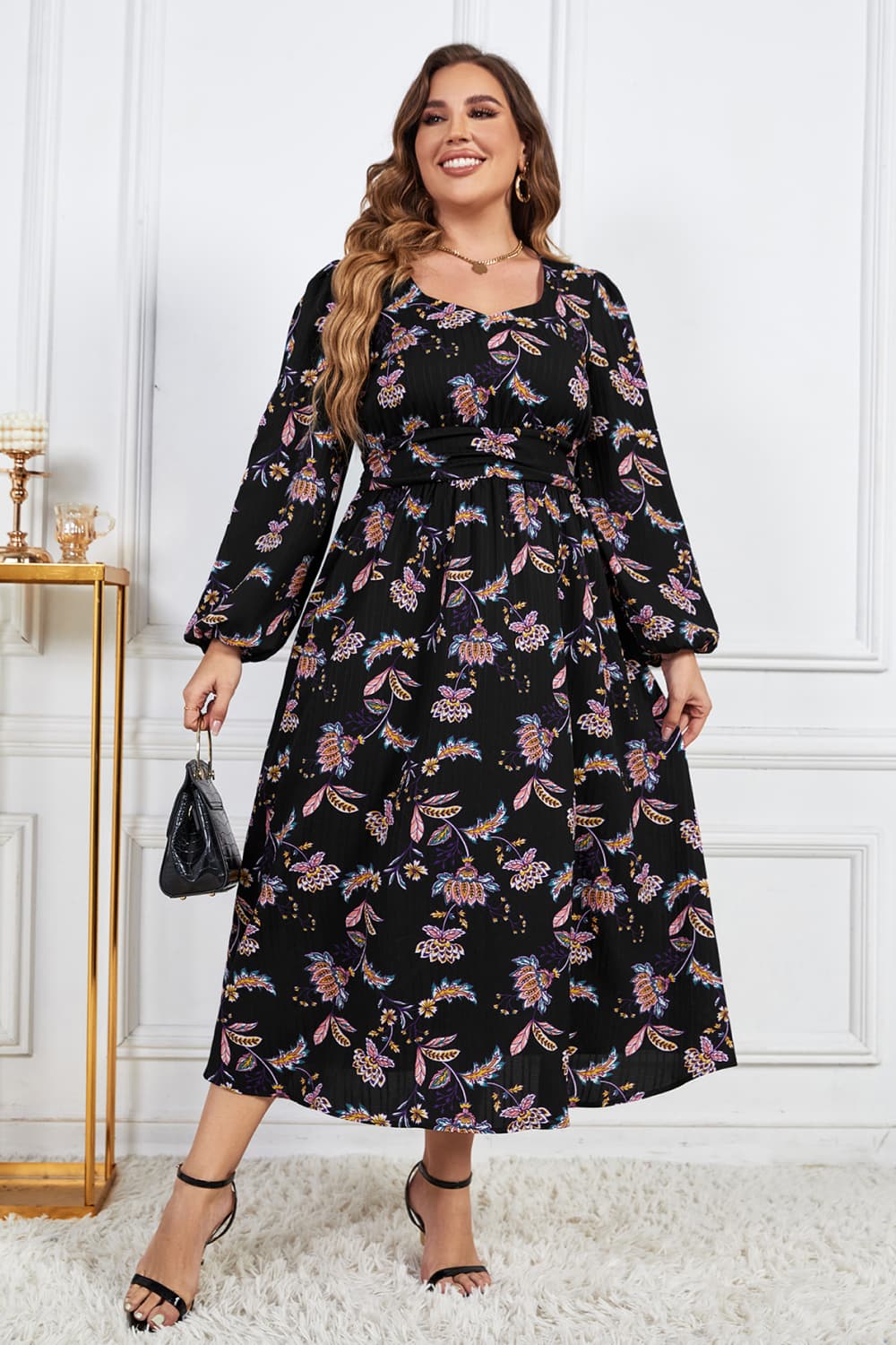 Melo Apparel Plus Size Floral Print Long Sleeve Midi Dress-Jewearrings