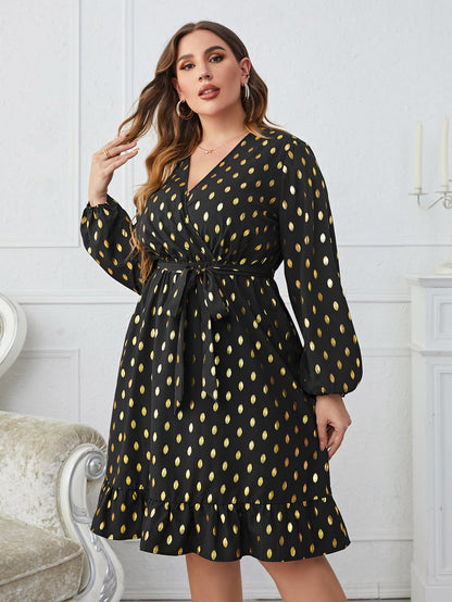 Plus Size Printed Surplice Neck Knee-Length Dress-Jewearrings