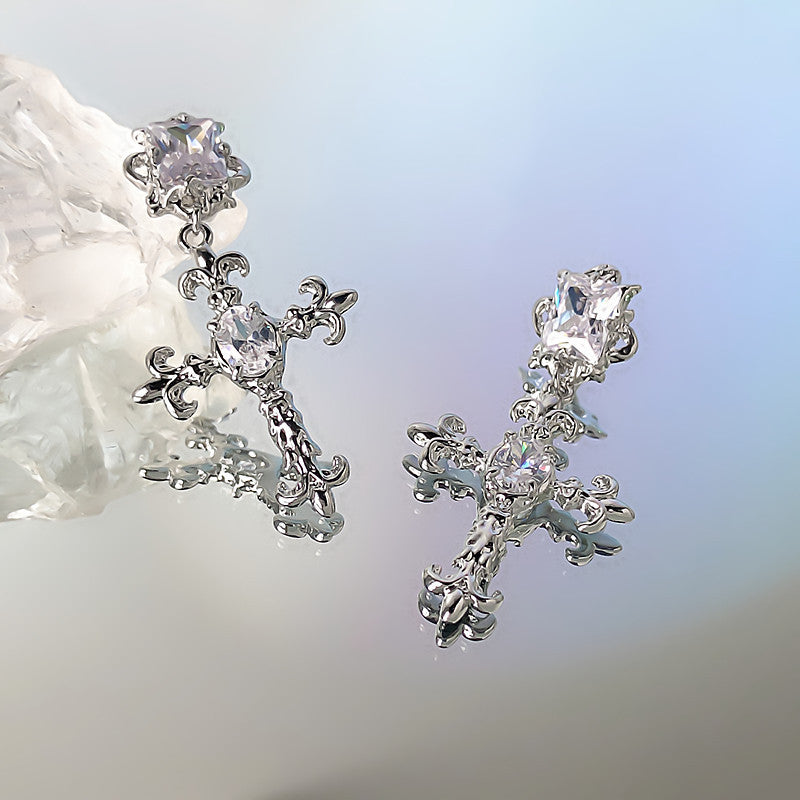 Frosty Silver Needle Zircon Cross Earrings-Jewearrings