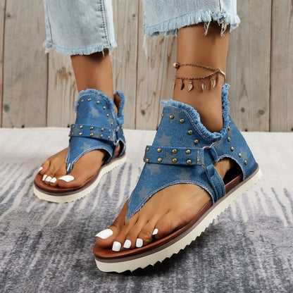 Studded Raw Hem Flat Sandals-Jewearrings