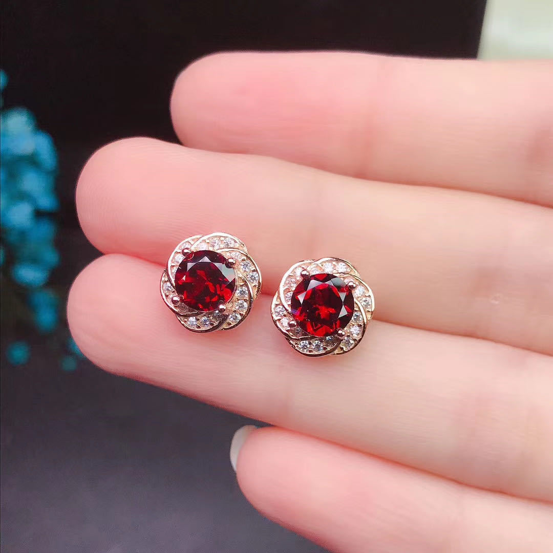 Garnet Stud Earrings 925 Silver Inlaid Colored Gems Jewelry-Jewearrings