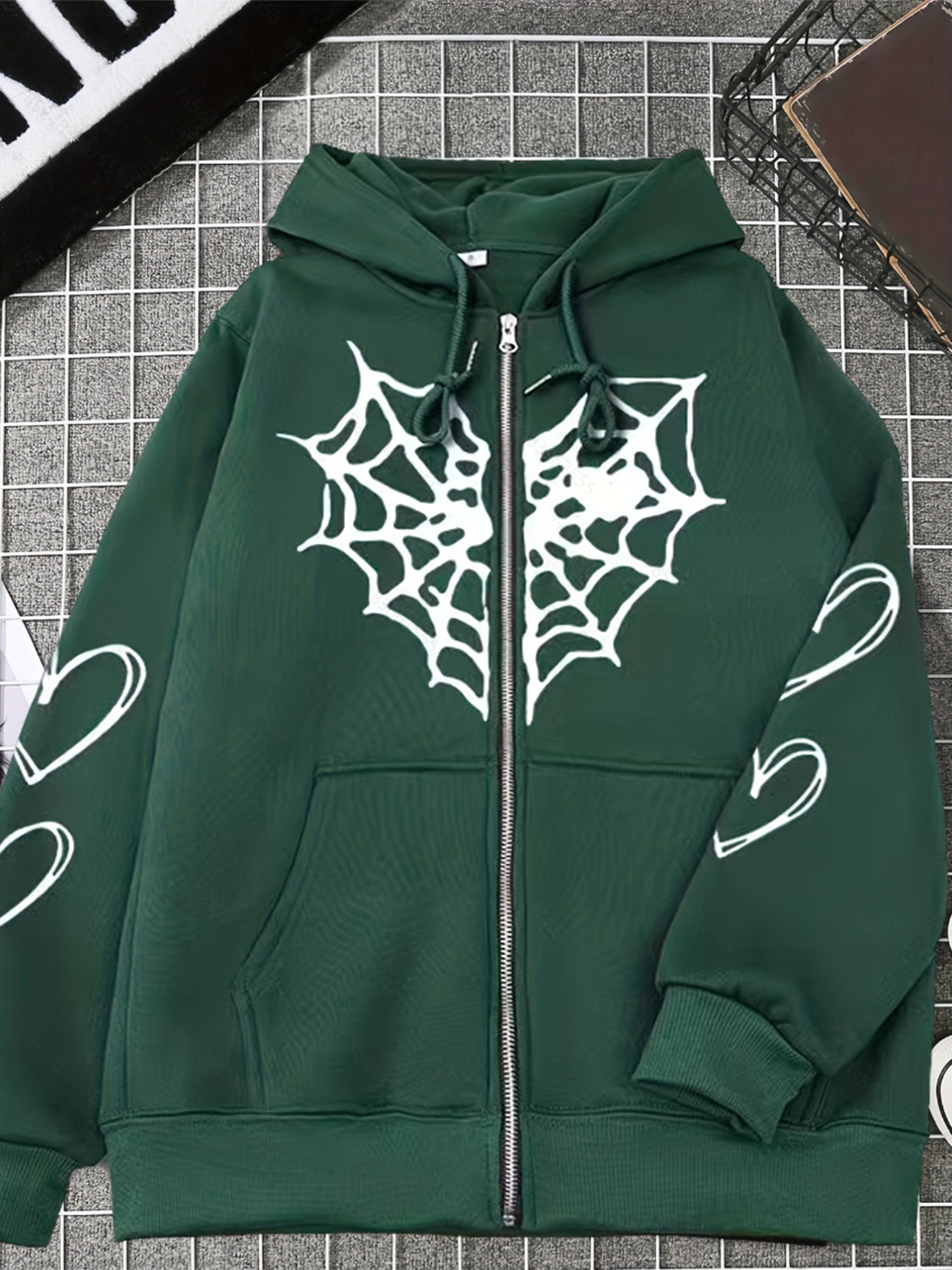 Spiderweb Graphic Drawstring Zip Up Hooded Jacket-Jewearrings