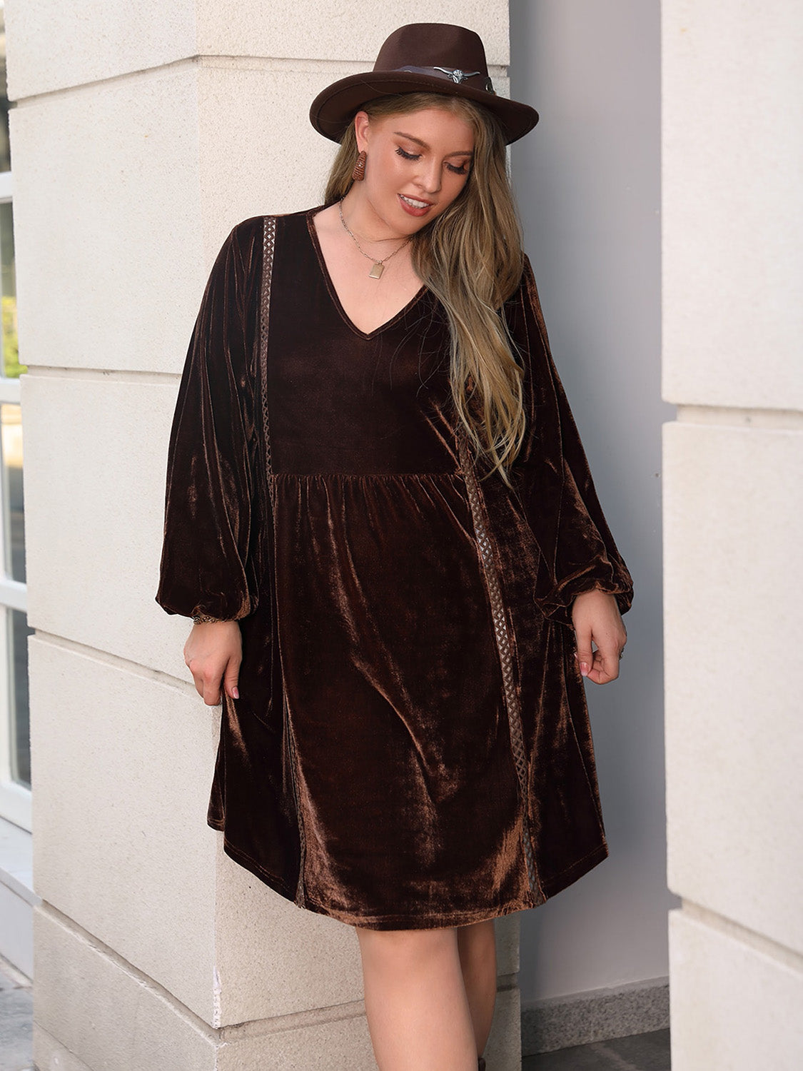 Plus Size V-Neck Balloon Sleeves Dress-Jewearrings