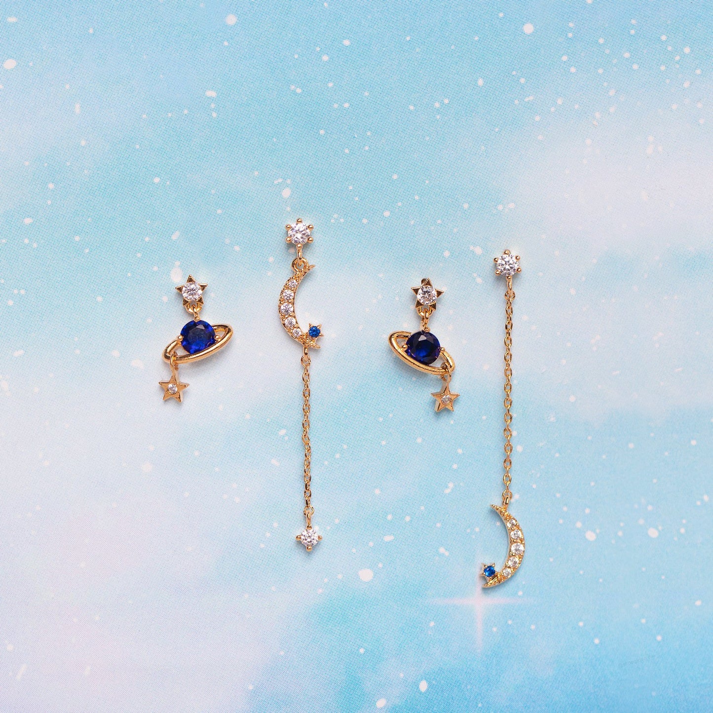 Star And Moon Chain Stud Earrings Set-Jewearrings