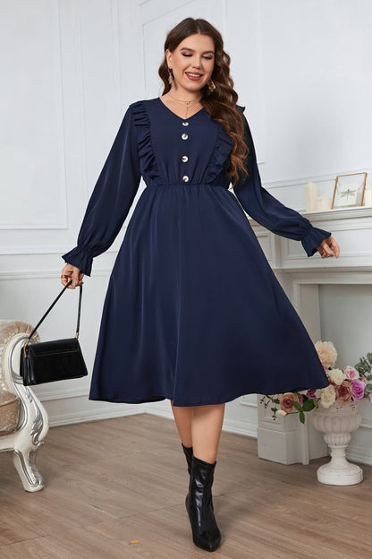 Melo Apparel Plus Size V-Neck Buttoned Flounce Sleeve Dress-Jewearrings