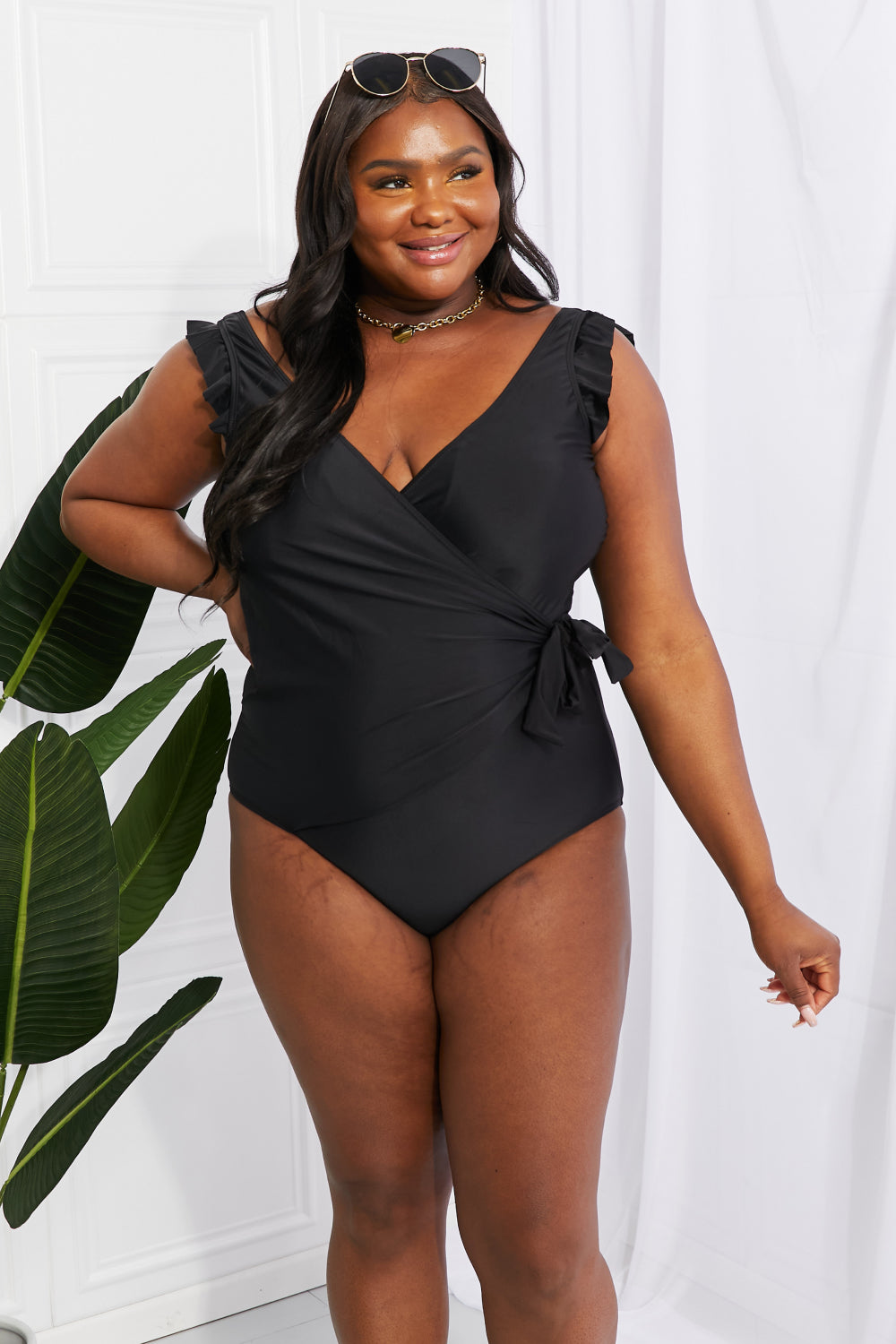 Marina West Swim Full Size Float On Ruffle Faux Wrap One-Piece in Black-Jewearrings