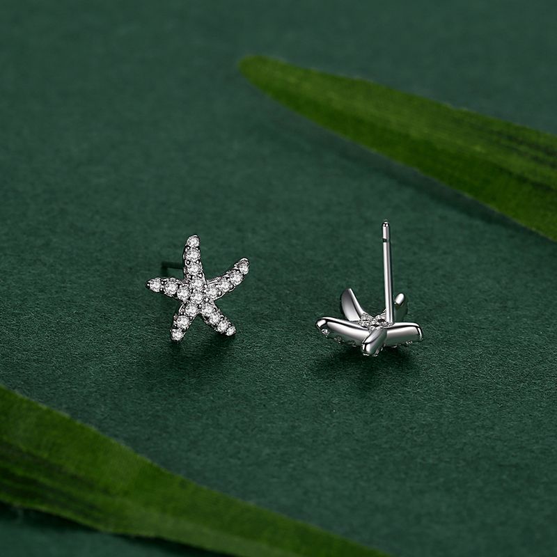 S925 Sterling Silver Starfish Stud Earrings With Diamonds-Jewearrings