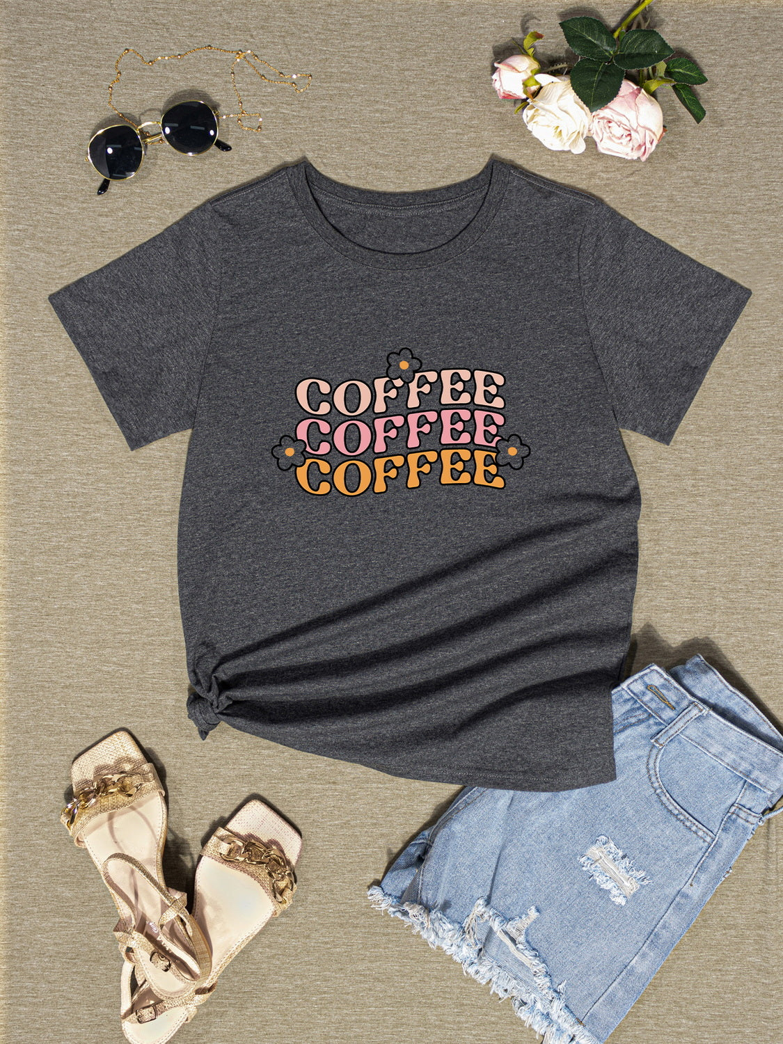 COFFEE Round Neck Short Sleeve T-Shirt-Jewearrings