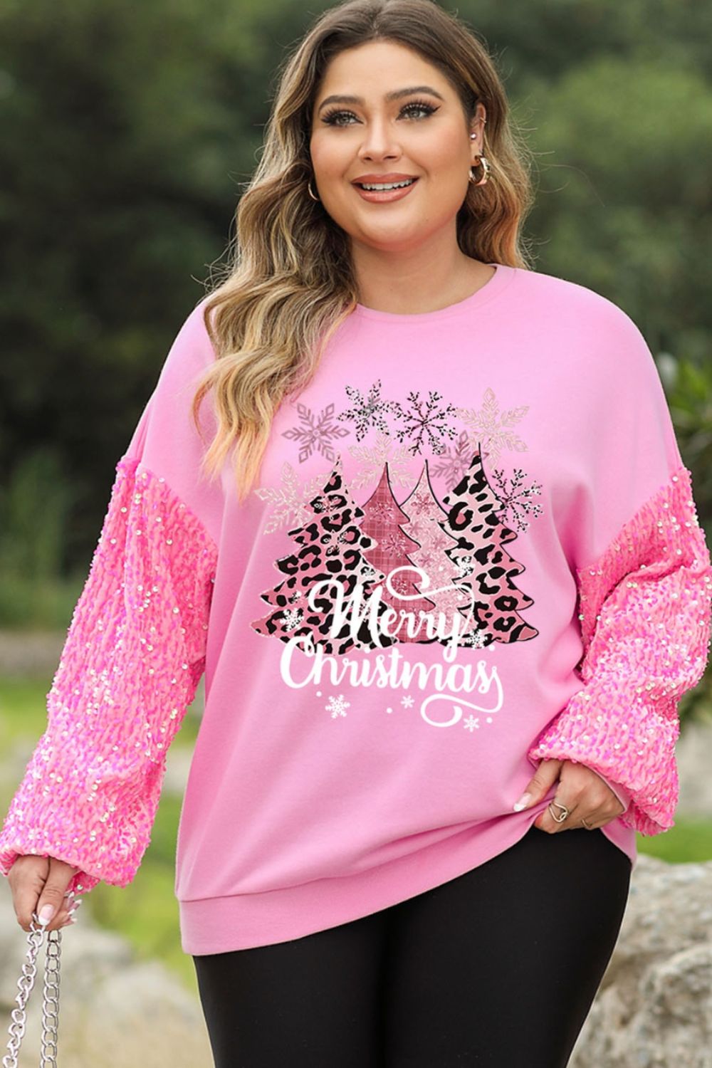 Plus Size MERRY CHRISTMAS Sequin Long Sleeve Sweatshirt-Jewearrings