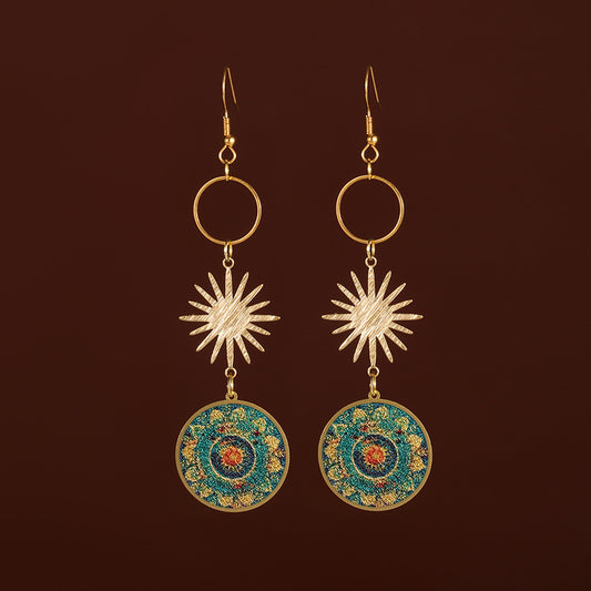 Vintage Mandala Flower Small Sun Gold Silver Brass Print Earrings-Jewearrings