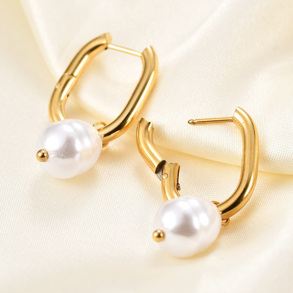 Women's Fashion Imitation Pearl U-shaped Hollow Stud Earrings-Jewearrings