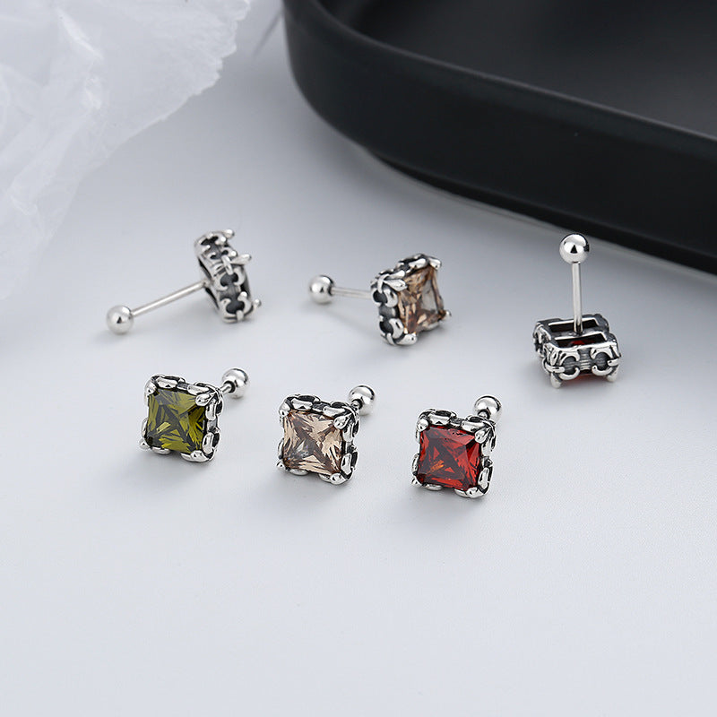 Women's Sterling Silver Square Colored Zircon Stud Earrings-Jewearrings