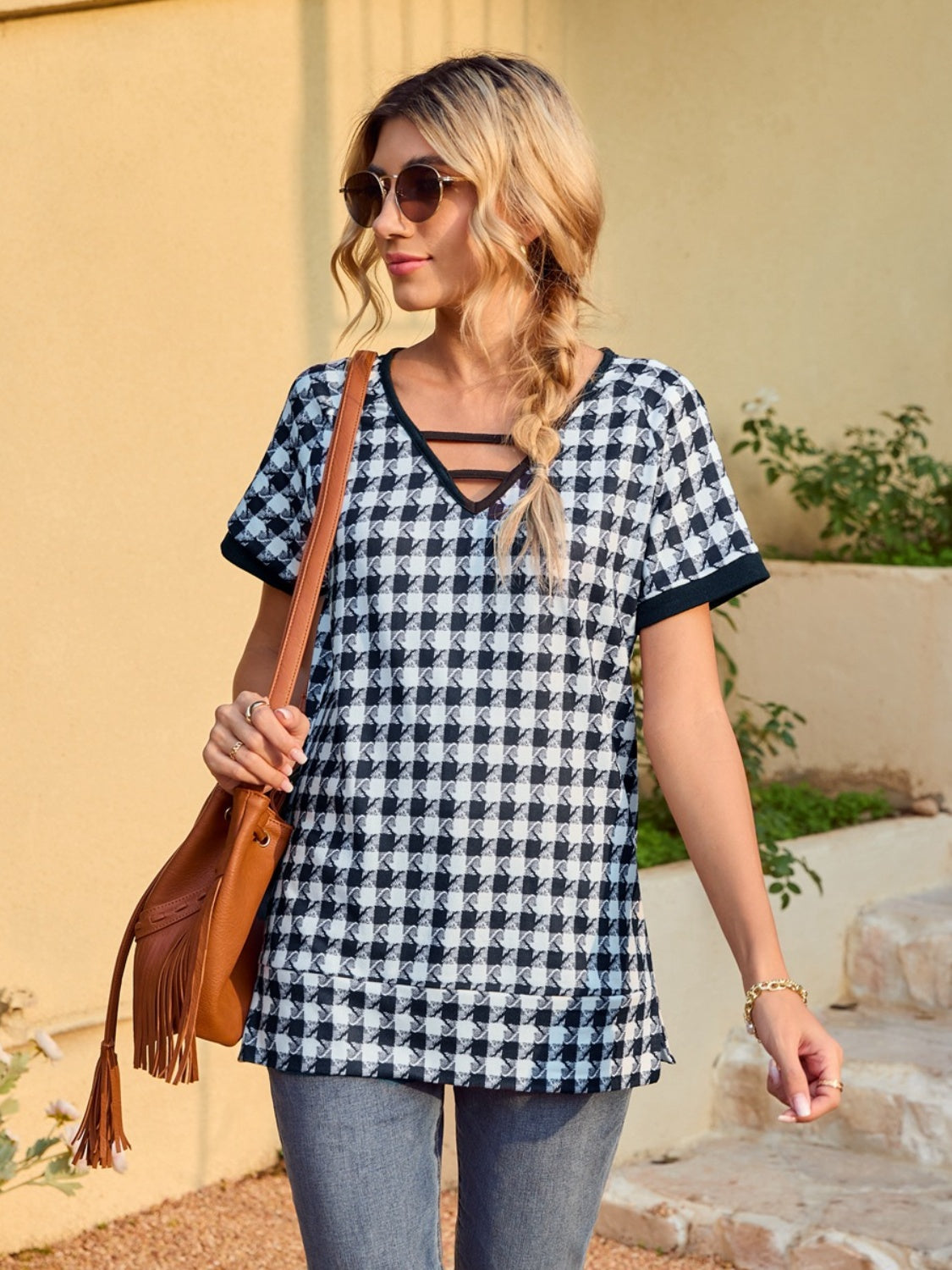 Houndstooth V-Neck Short Sleeve T-Shirt-Jewearrings