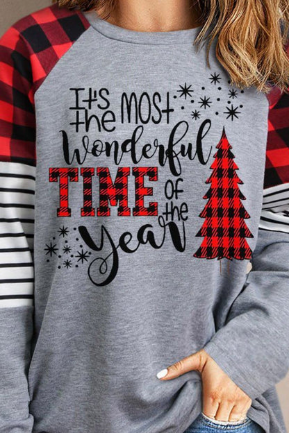 Christmas Mixed Print Letter Graphic Raglan Sleeve Top-Jewearrings