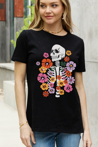 Simply Love Simply Love Full Size Skeleton & Flower Graphic Cotton Tee-Jewearrings