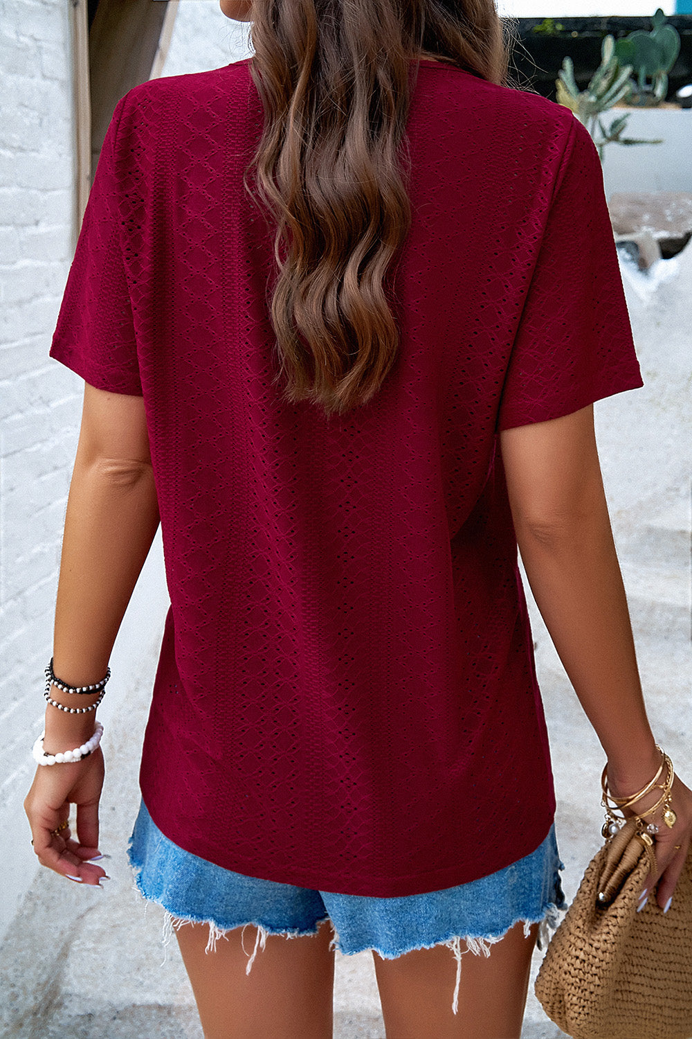 Eyelet Decorative Button V-Neck T-Shirt-Jewearrings