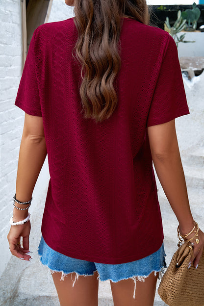 Eyelet Decorative Button V-Neck T-Shirt-Jewearrings