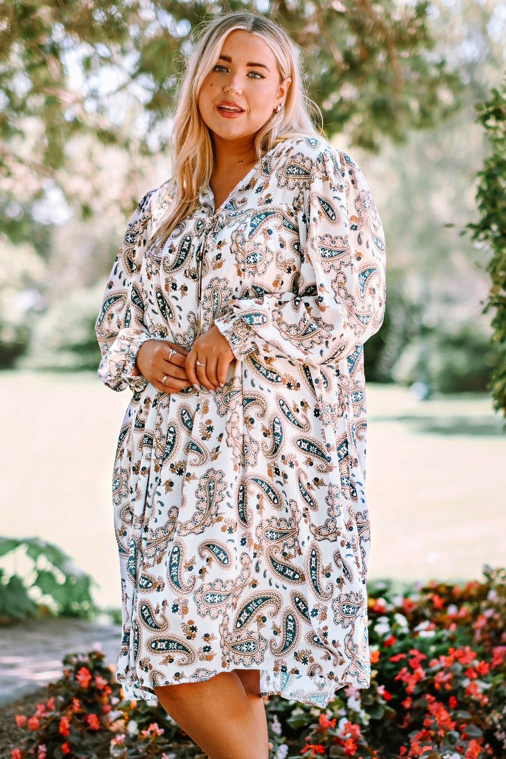 Plus Size Paisley Print Puff Sleeve Dress-Jewearrings