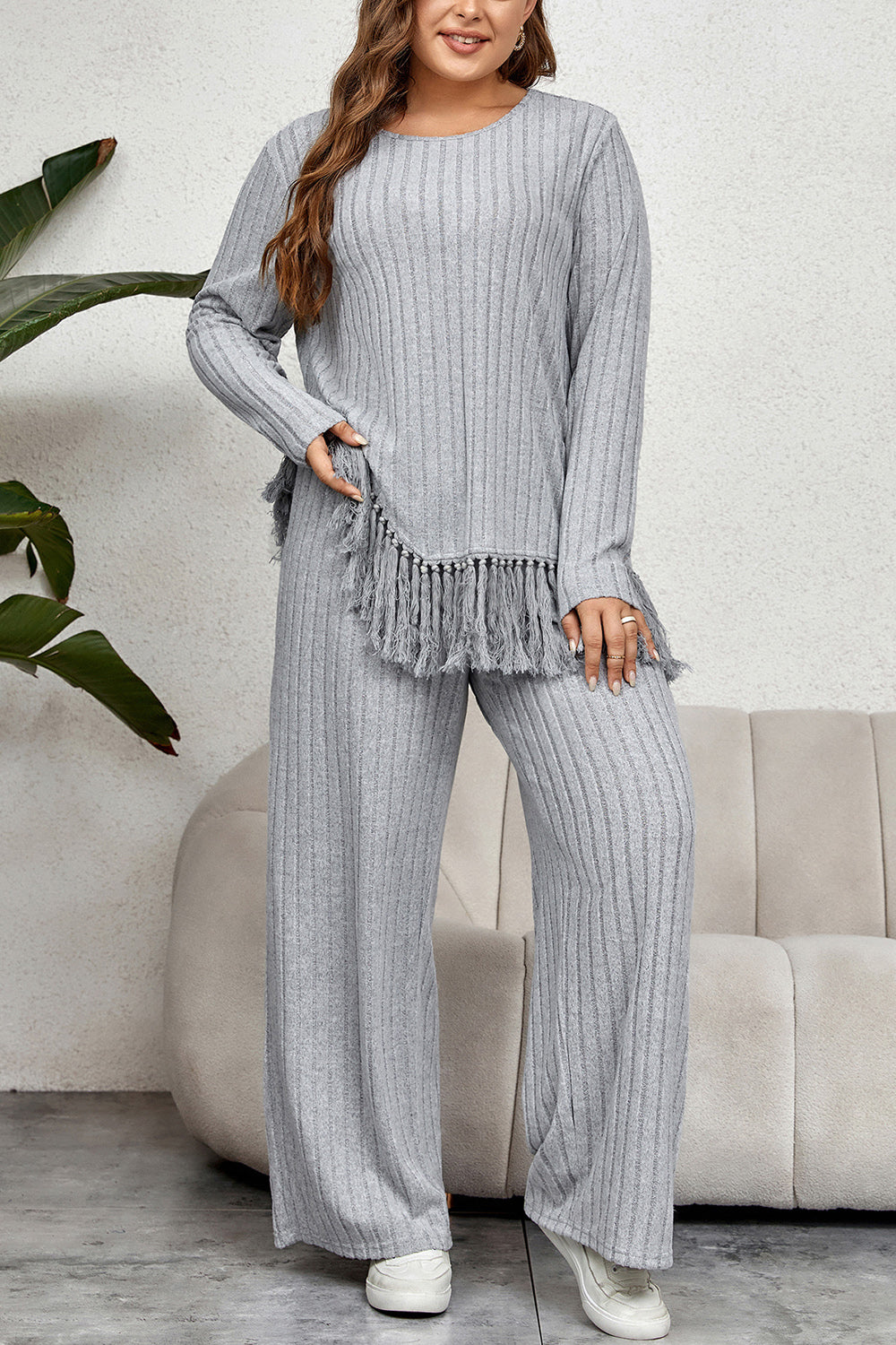 Plus Size Tassel Hem Top and Pants Set-Jewearrings