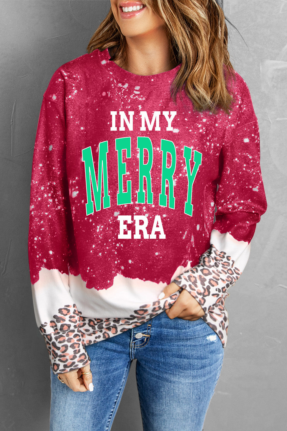 IN MY MERRY ERA Leopard Round Neck Sweatshirt-Jewearrings