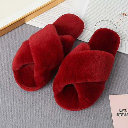 Faux Fur Crisscross Strap Slippers-Jewearrings