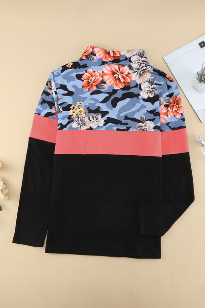 Plus Size Floral Color Block Quarter Zip Top-Jewearrings