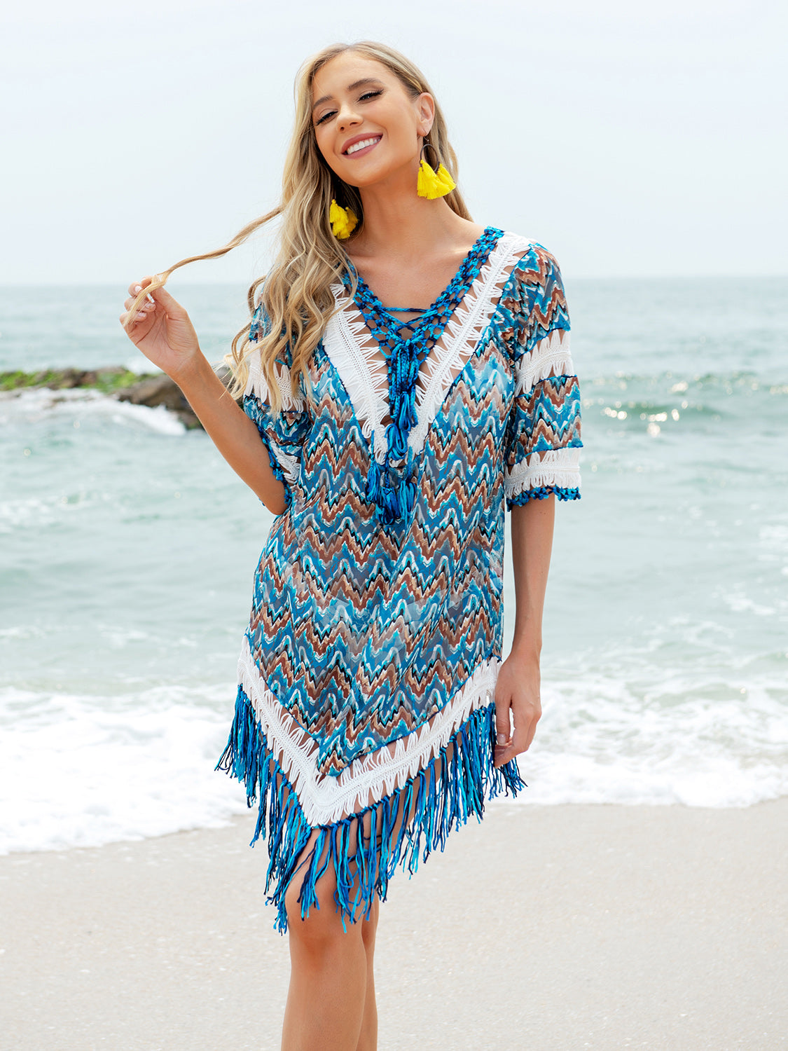 Fringe V-Neck Half Sleeve Cover-Up-Jewearrings