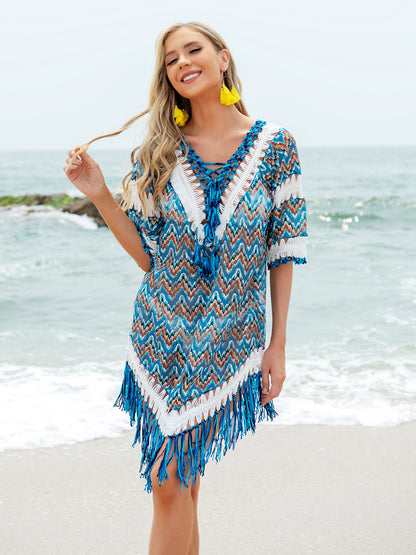 Fringe V-Neck Half Sleeve Cover-Up-Jewearrings