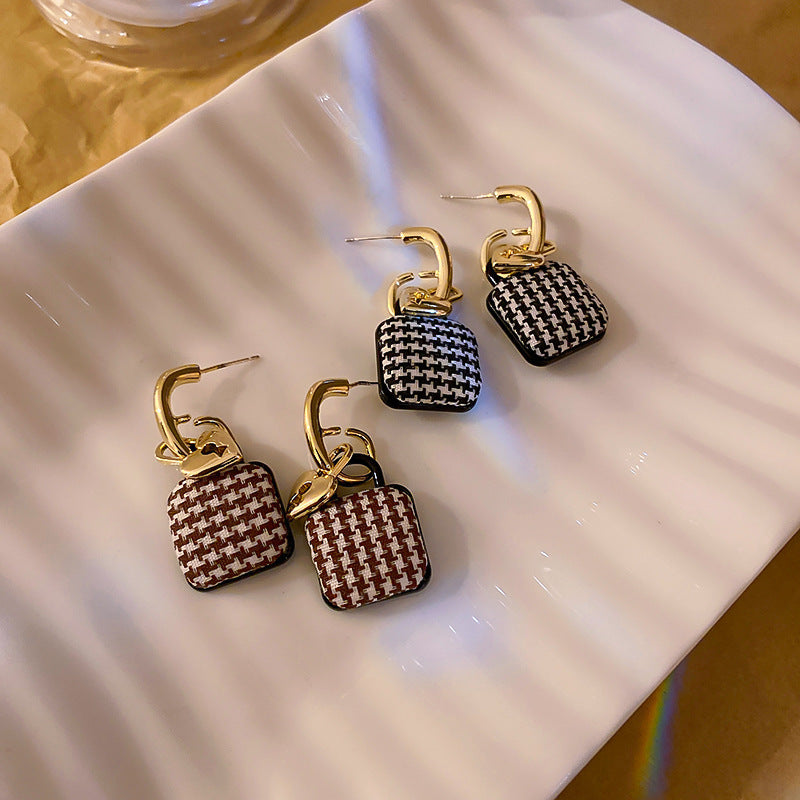 925 Silver Needle Black And White Houndstooth Bag Earrings-Jewearrings