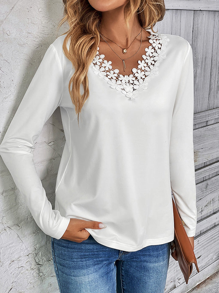 Lace Trim V-Neck T-Shirt-Jewearrings