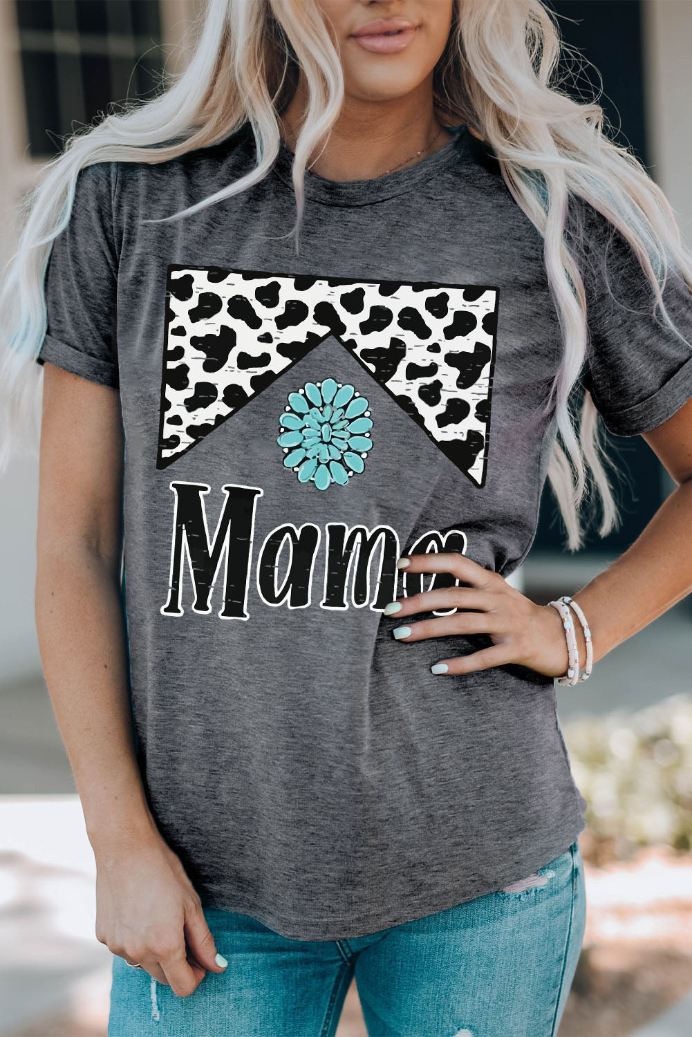 MAMA Graphic Cuffed Sleeve Round Neck Tee-Jewearrings